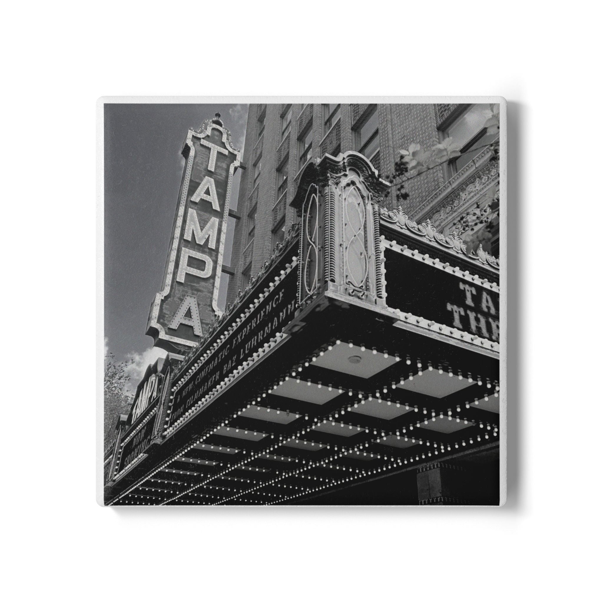 Tampa Theatre Marquee Black and White Coaster